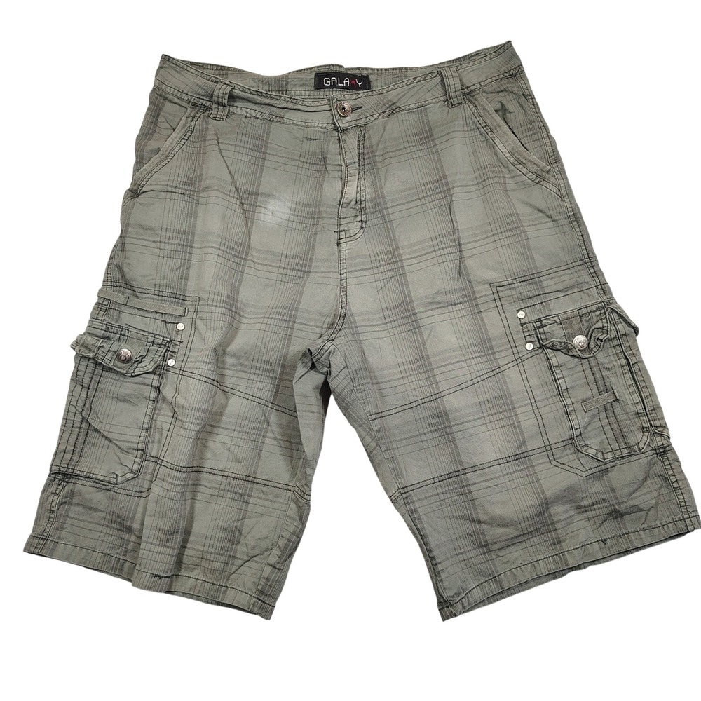 Galaxy Cargo Shorts Mens 38 Olive Green Plaid Multi-Pocket Rugged‎ Cotton